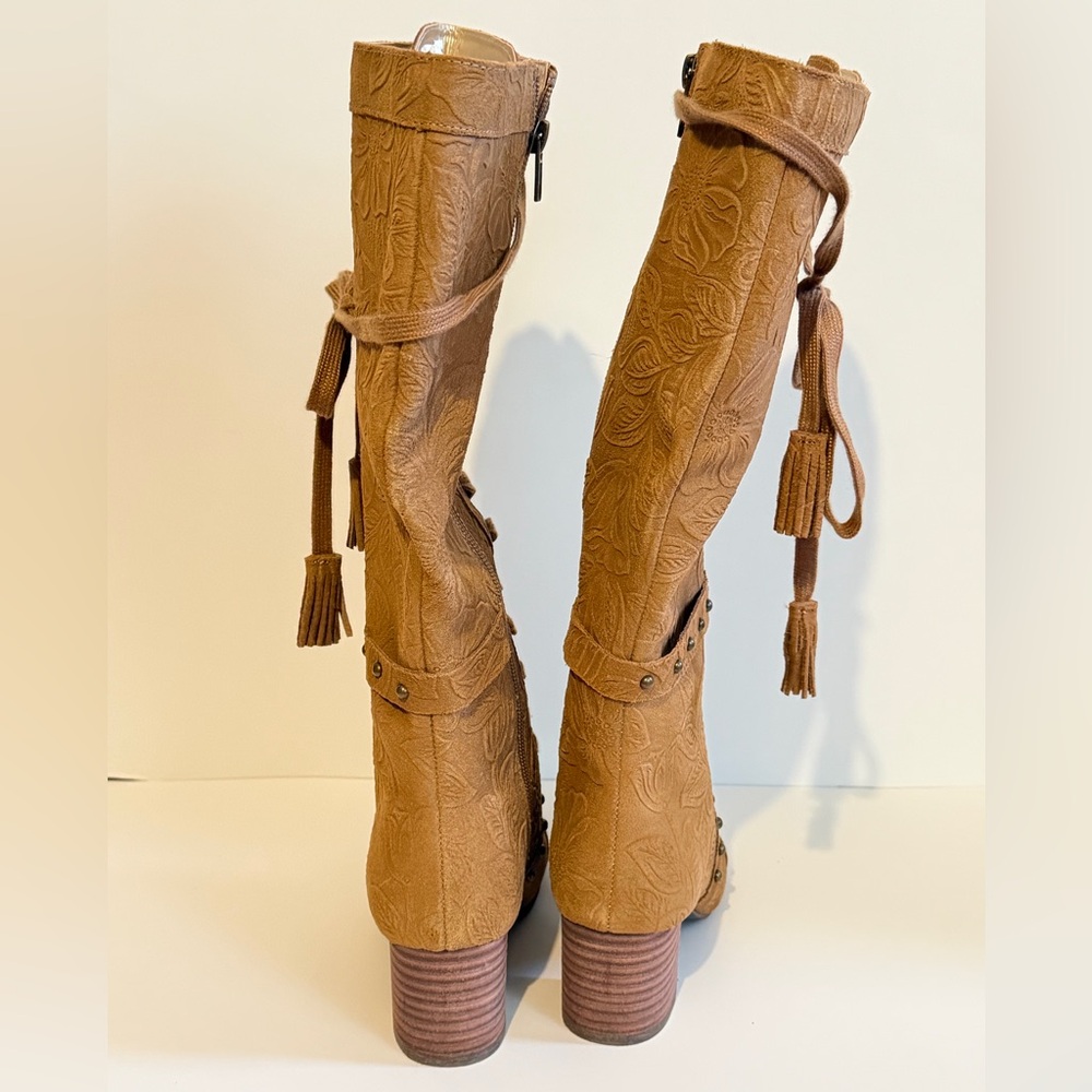 JOYFOLIE MARITA TALL BOOT IN PECAN Tan Lace-Up Knee-High Boots Floral Sude - Picture 5 of 11